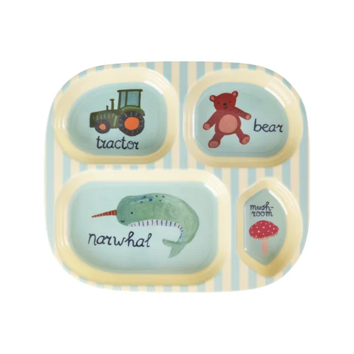 Rice - Melamine Kids 4 Room Plate - Blue ABC Print - Blue