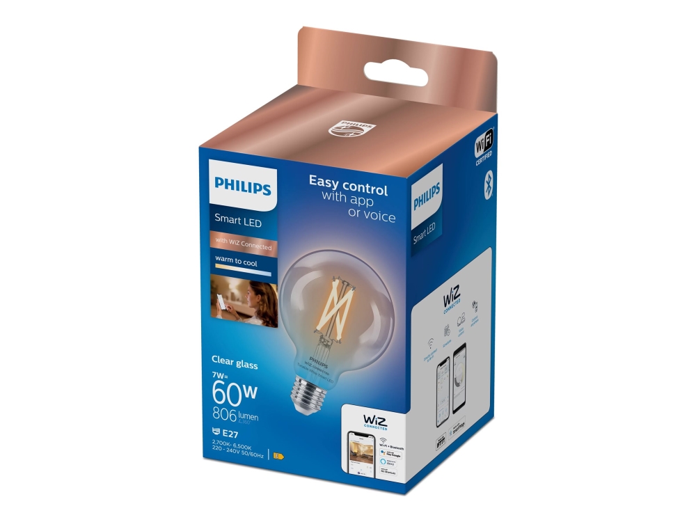 Philips Smart - LED-glödlampa med filament - form: G95 - klar finish - E27 - 7 W (motsvarande 60 W) - klass E - varmt till kallt vitt ljus - 2700-6500 K