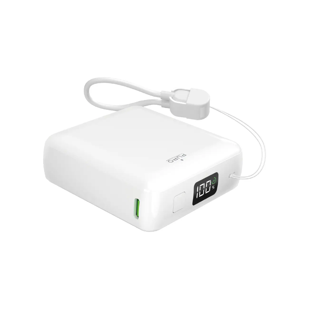 Puro 10000mAh 20W USB-C USB-A Power Bank med display och inbyggd USB-C-kabel - Vit