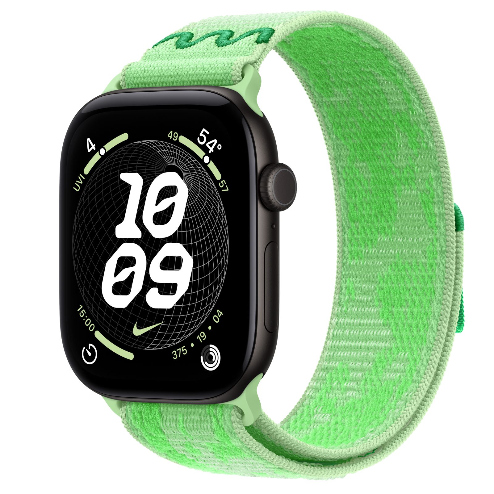 Apple Watch Series 12 (GPS) • Aluminiumboett svart, 46 mm • Nike-sportloop i Green Spark