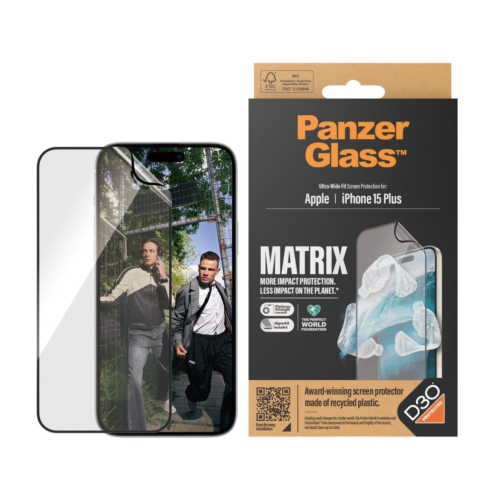 PanzerGlass™ | Ultra-Wide Fit - Skärmskydd för mobiltelefon - Matrix Protection | Apple iPhone 15 Plus