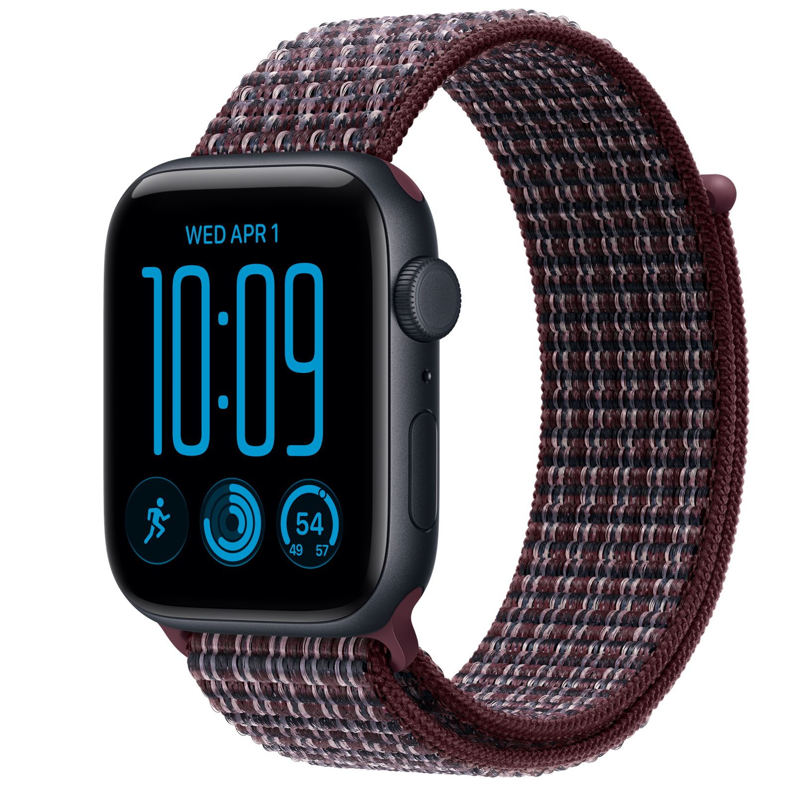 Apple Watch SE 3 (GPS + Cellular) • Aluminiumboett midnatt, 44 mm • Sportloop skotskrutig bourgogne