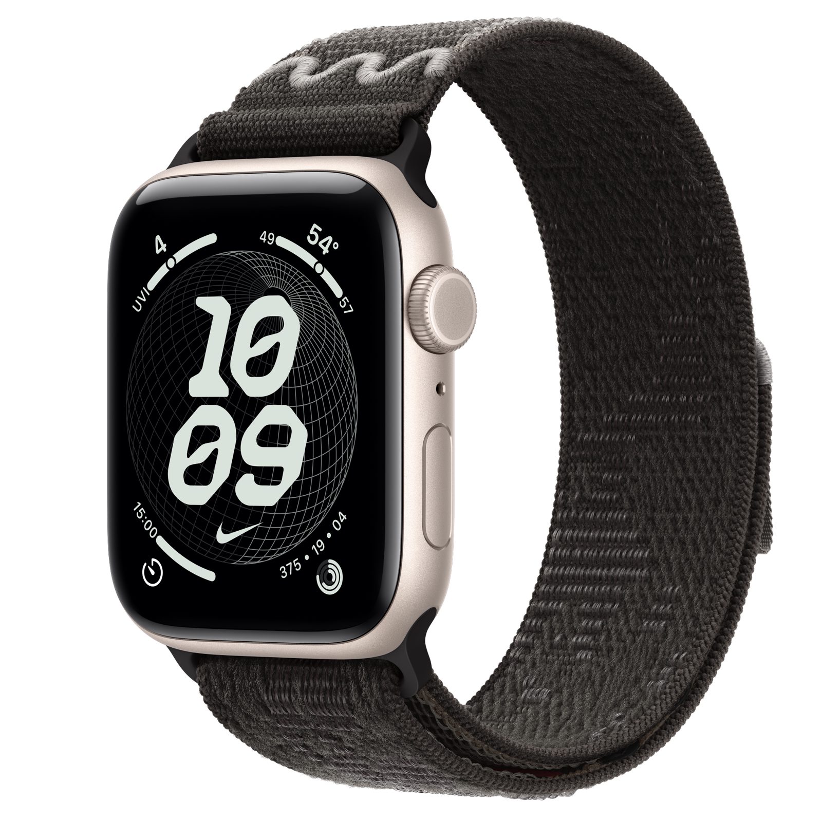 Apple Watch SE 3 (GPS + Cellular) • Aluminiumboett stjärnglans, 44 mm • Nike-sportloop i After Dark Black