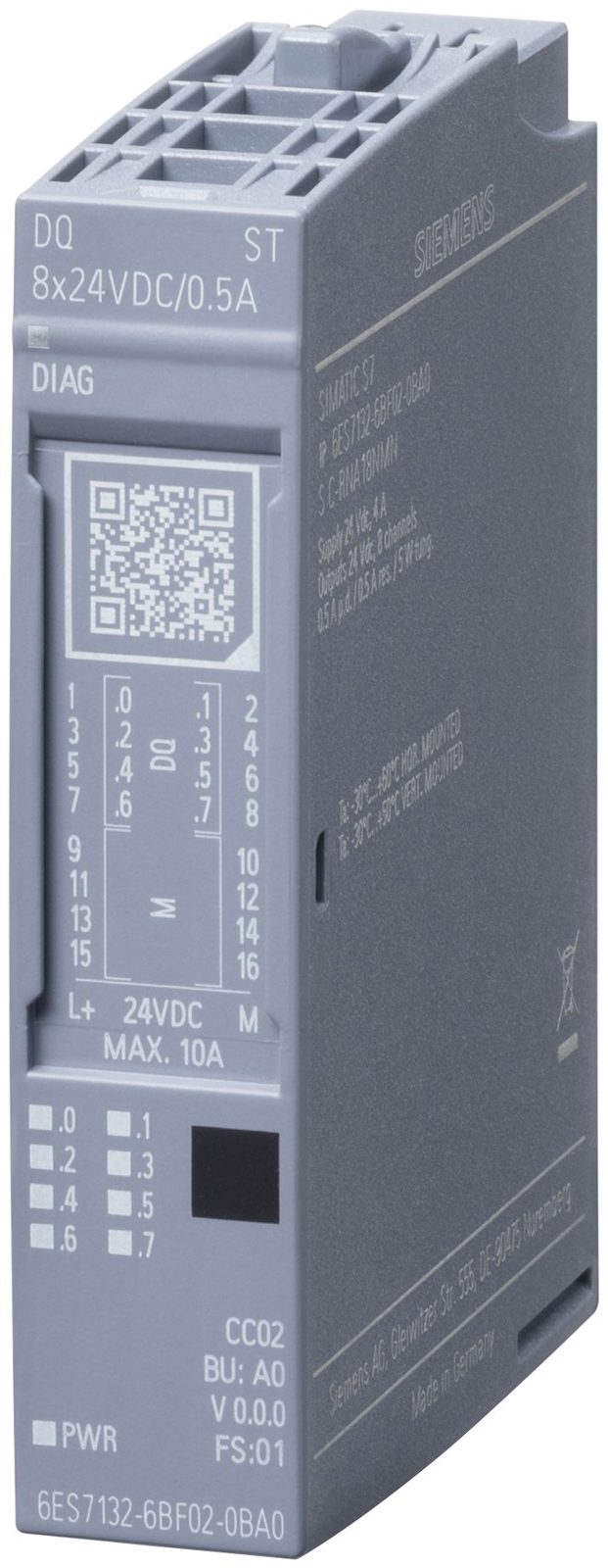 Siemens 6ES7132-6BF01-0BA0, inomhus, 0,5 A, IP20, Multifärg, CE, RoHS, REACH, 73 mm
