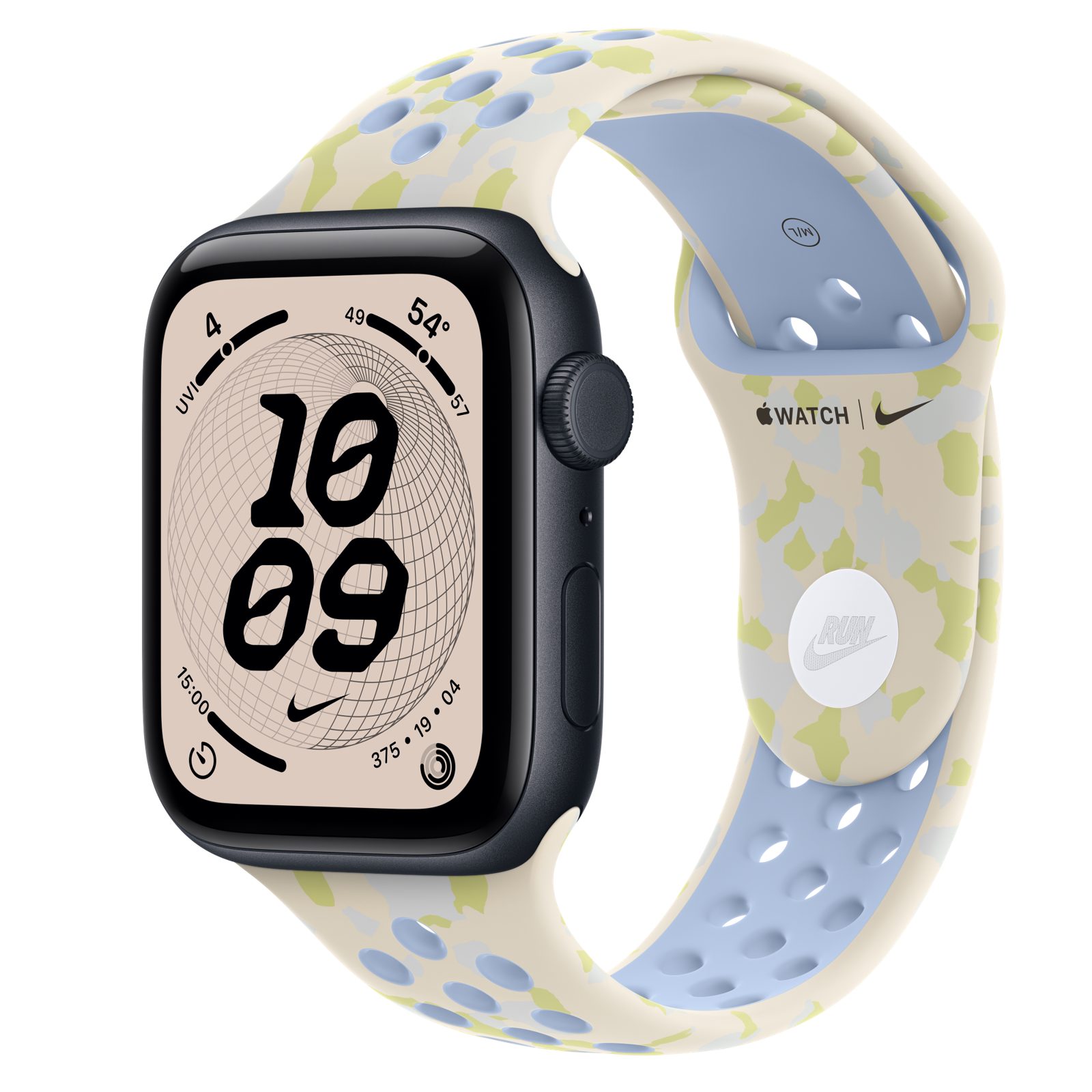 Apple Watch SE 3 (GPS + Cellular) • Aluminiumboett midnatt, 44 mm • Nike-sportband i Chalk Calm