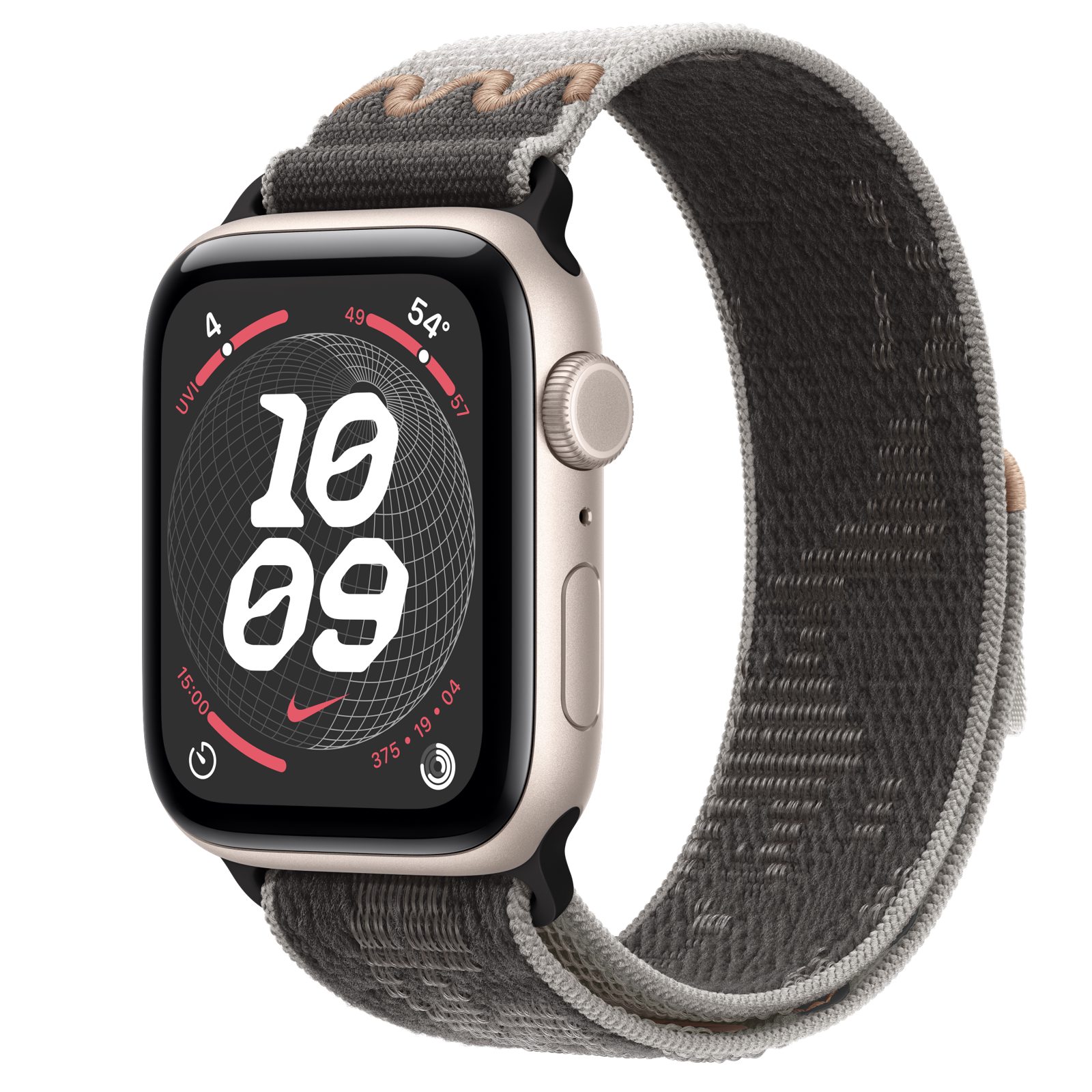 Apple Watch SE 3 (GPS + Cellular) • Aluminiumboett stjärnglans, 44 mm • Nike-sportloop i Pavement Grey