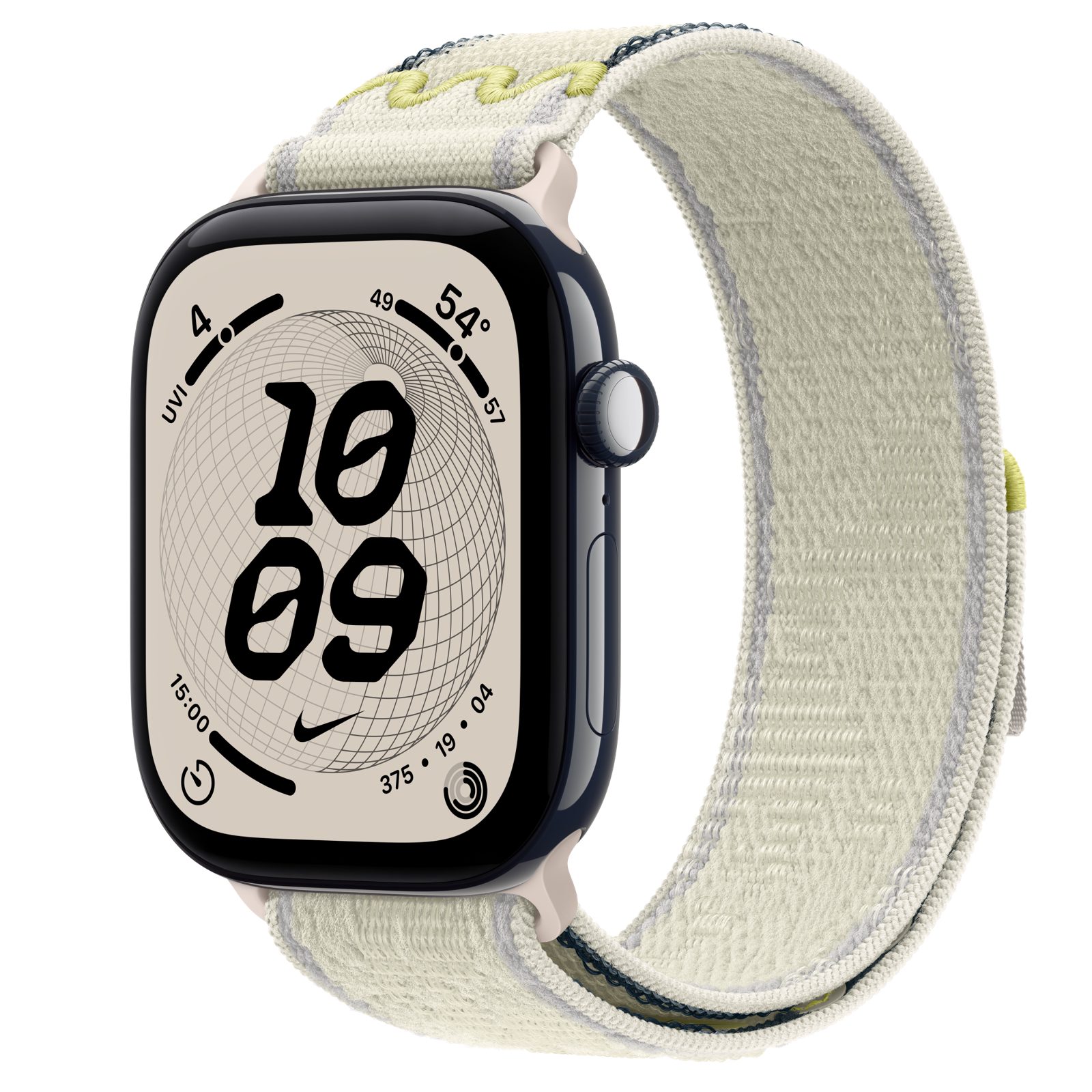 Apple Watch Series 12 (GPS + Cellular) • Keramikboett nattblå, 46 mm • Nike-sportloop i Chalk Calm