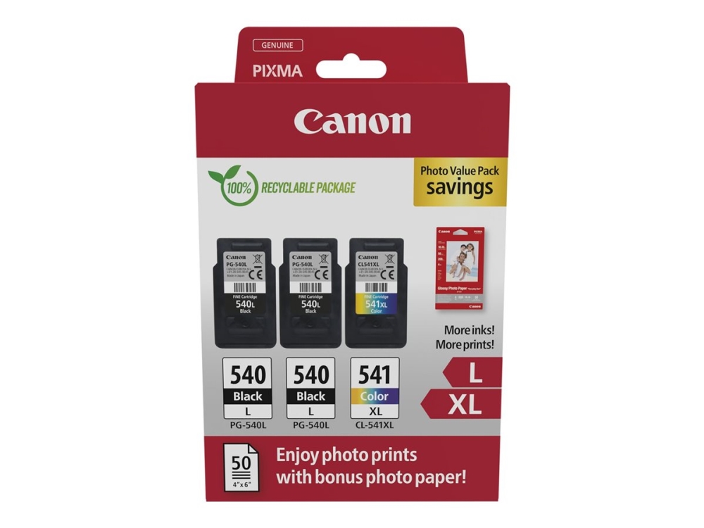 Canon PG-540L x2/CL-541XL Photo Paper Value Pack - 2-pack - svart, färg (cyan, magenta, gul) - original - hängande låda - bläckpatron/papperssats - för PIXMA MG3250, MG3550, MG3650, MG4250, MX395, MX455, MX475, MX525, MX535, TS5150, TS5151