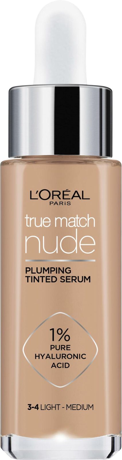 Loreal Paris True Match Nude Plumping Tinted Serum Foundation, 1% Hyaluronic Acid 3-4 Light - Medium