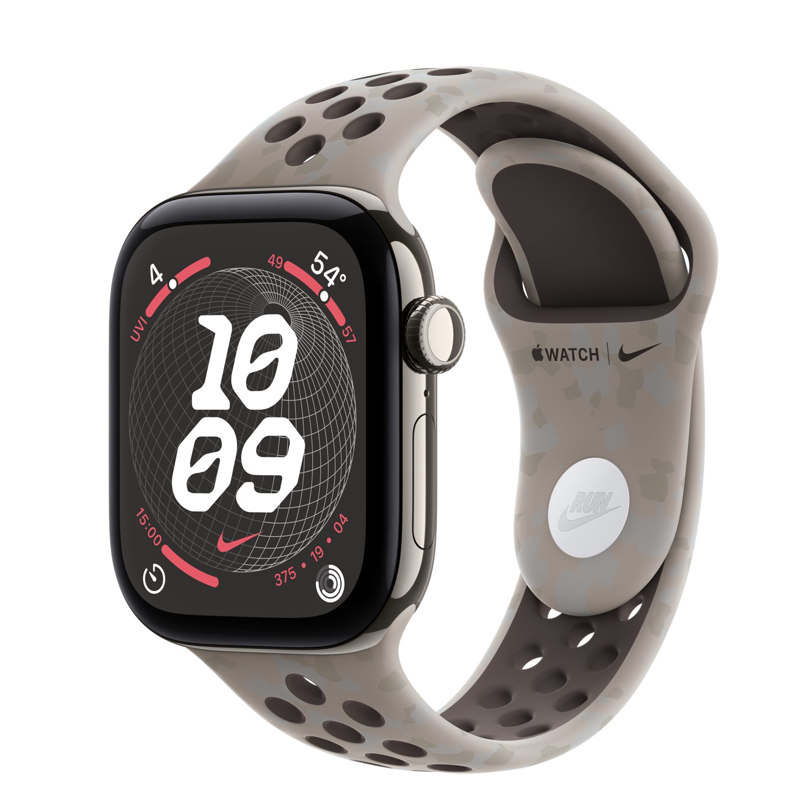 Apple Watch Series 12 (GPS + Cellular) • Titanboett naturlig, 42 mm • Nike-sportband i Pavement Grey