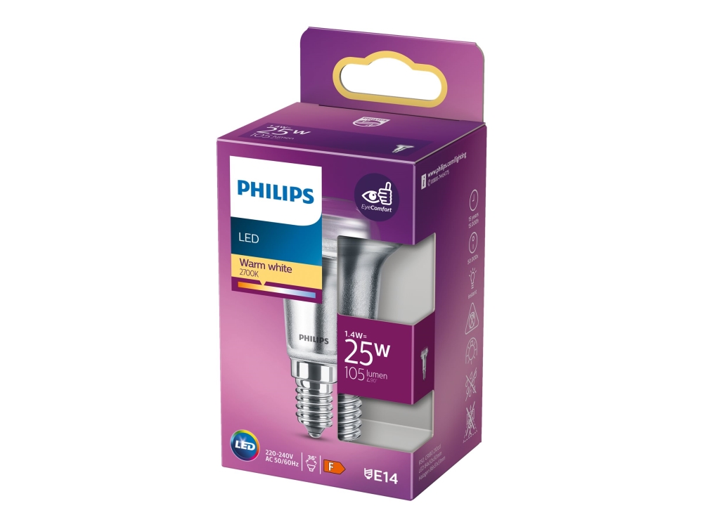Philips LED Classic - LED-spotlight - form: R50 - E14 - 1.4 W (motsvarande 25 W) - klass F - varmt vitt ljus - 2700 K