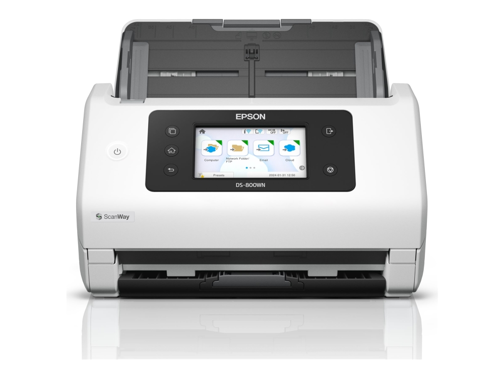 Epson WorkForce DS-800WN - Dokumentskanner - Duplex - A4/Legal - 600 dpi x 600 dpi - upp till 50 sidor/minut (mono) / upp till 50 sidor/minut (färg) - ADM (100 ark) - upp till 8000 scanningar per dag - Gigabit LAN, Wi-Fi, USB 2.0 (Host), USB 3.2 Gen 1x1