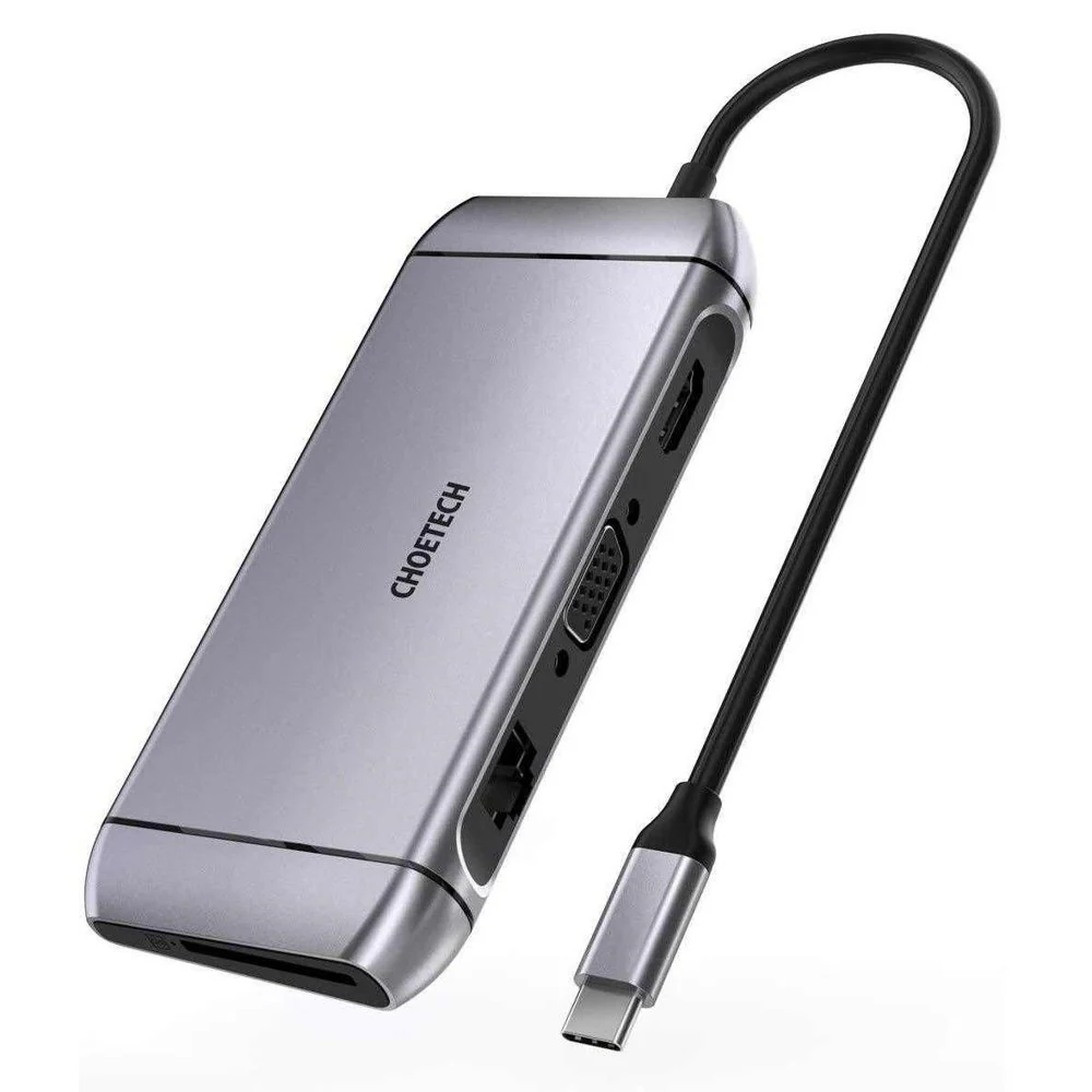 Choetech 9in1 USB Type C HUB - 3x USB 3.2 Gen 1, SD/TF-kortläsare, HDMI 4K, VGA 60Hz, RJ45, grå