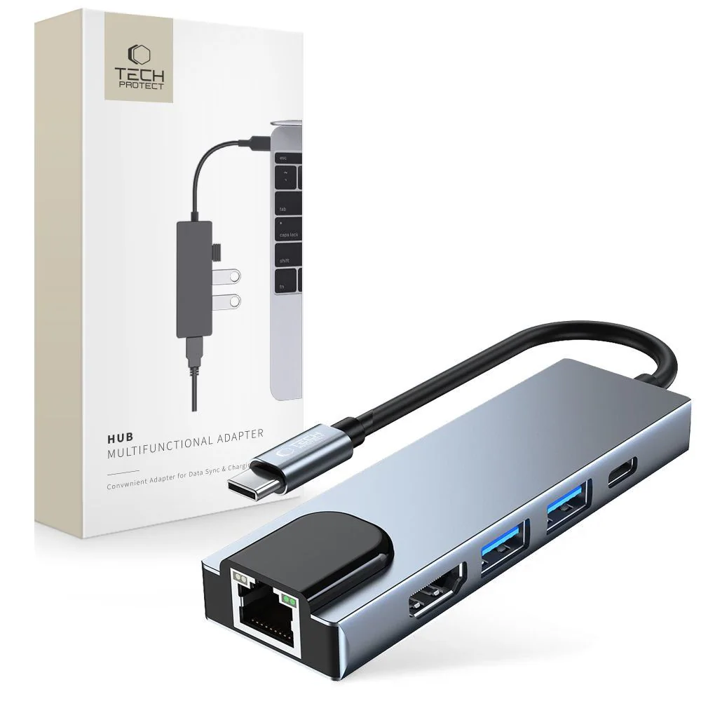HUB Tech-Protect V3 5in1 USB-C - USB-A 3.0 / USB-A 2.0 / USB-C / HDMI / RJ45 - grå