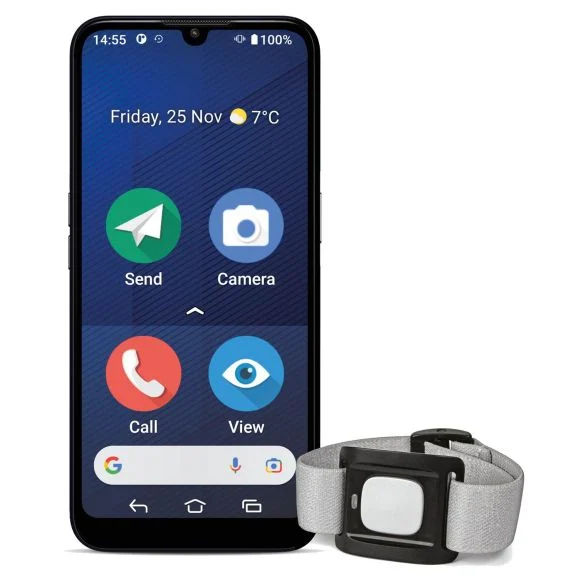 Doro 8210 Secure smartphone + bärbar alarmknapp, blå (laddare ingår ej)