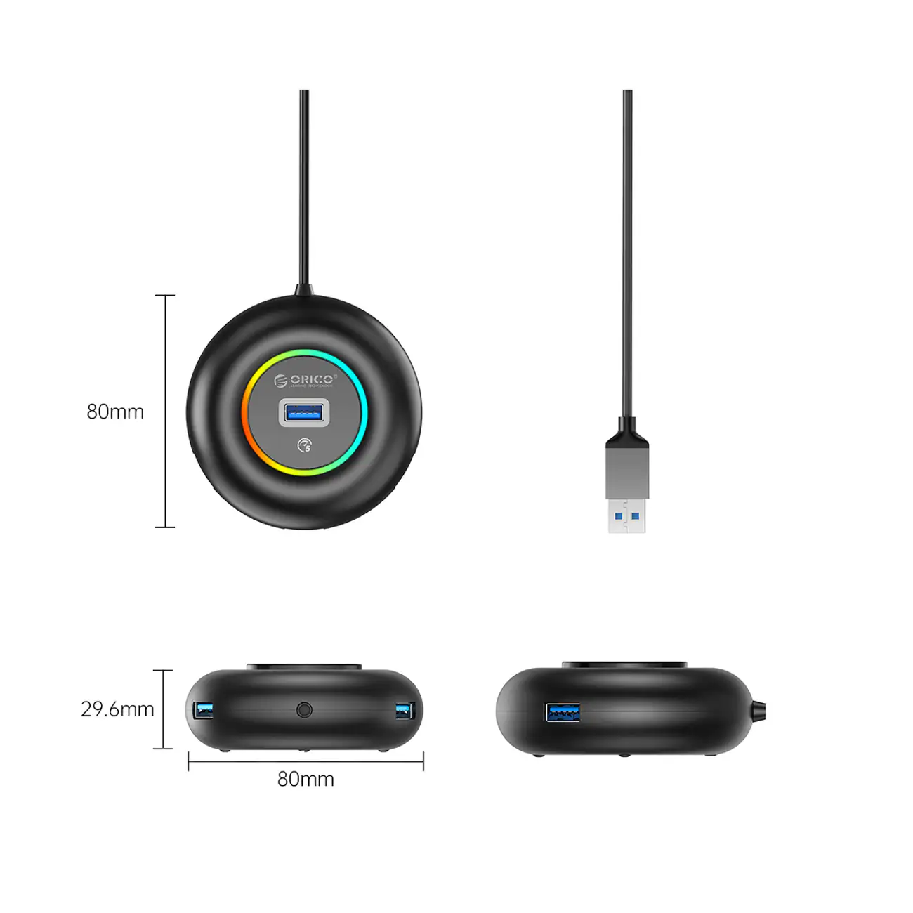 Orico YXR4-U3 RGB USB-hubb med 4 USB-A 3.0-portar och ljud-/mikrofonport, 0,3 m – svart, bild 2