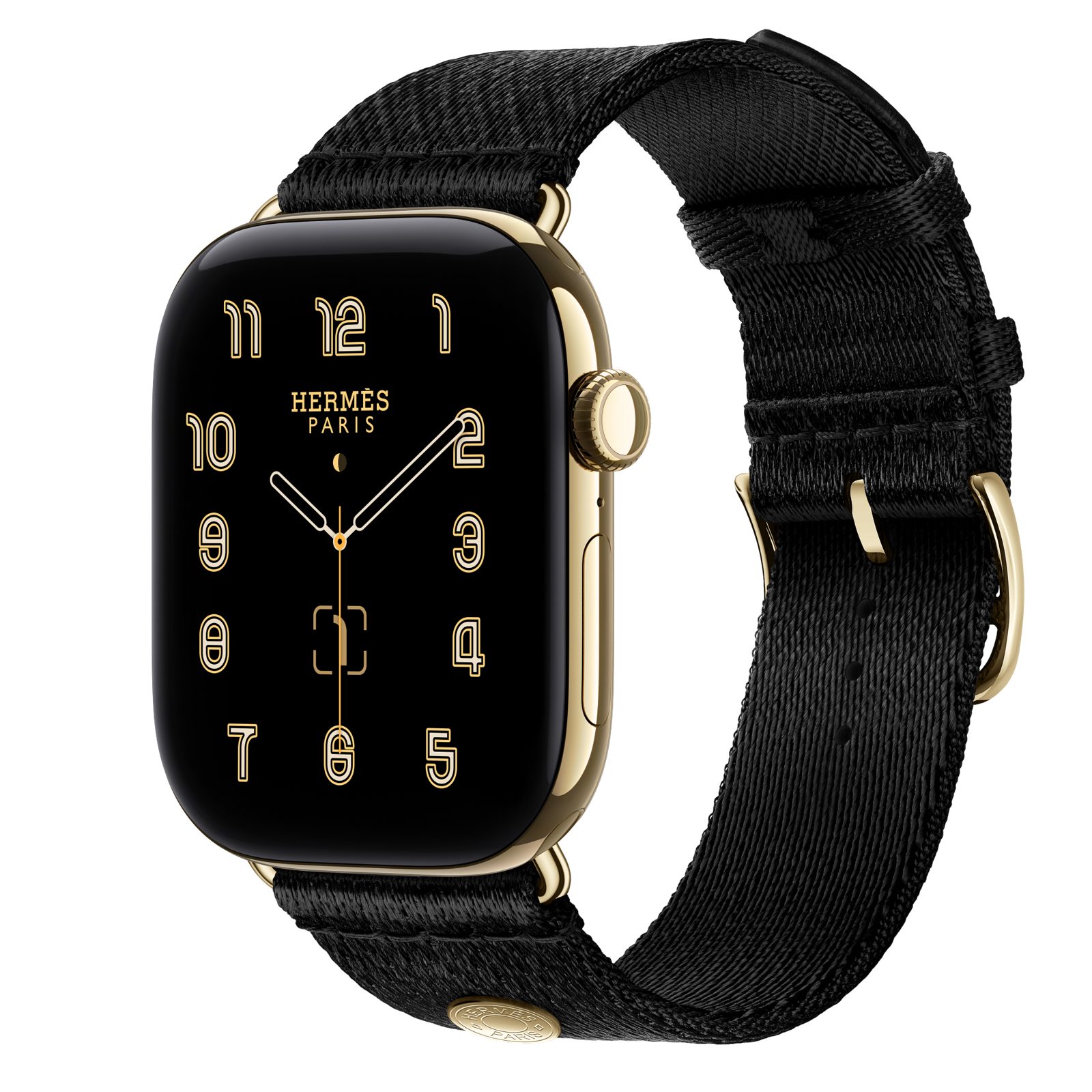 Apple Watch Hermès Series 12 (GPS + Cellular) • Titanboett skinande guld, 46 mm • Satin Clou de Selle i Noir