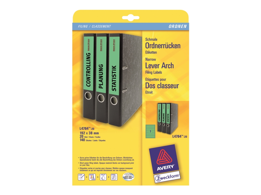Avery L4764 - Grön - 38 x 192 mm 140 stk (20 ark x 7 etiketter för filmappar