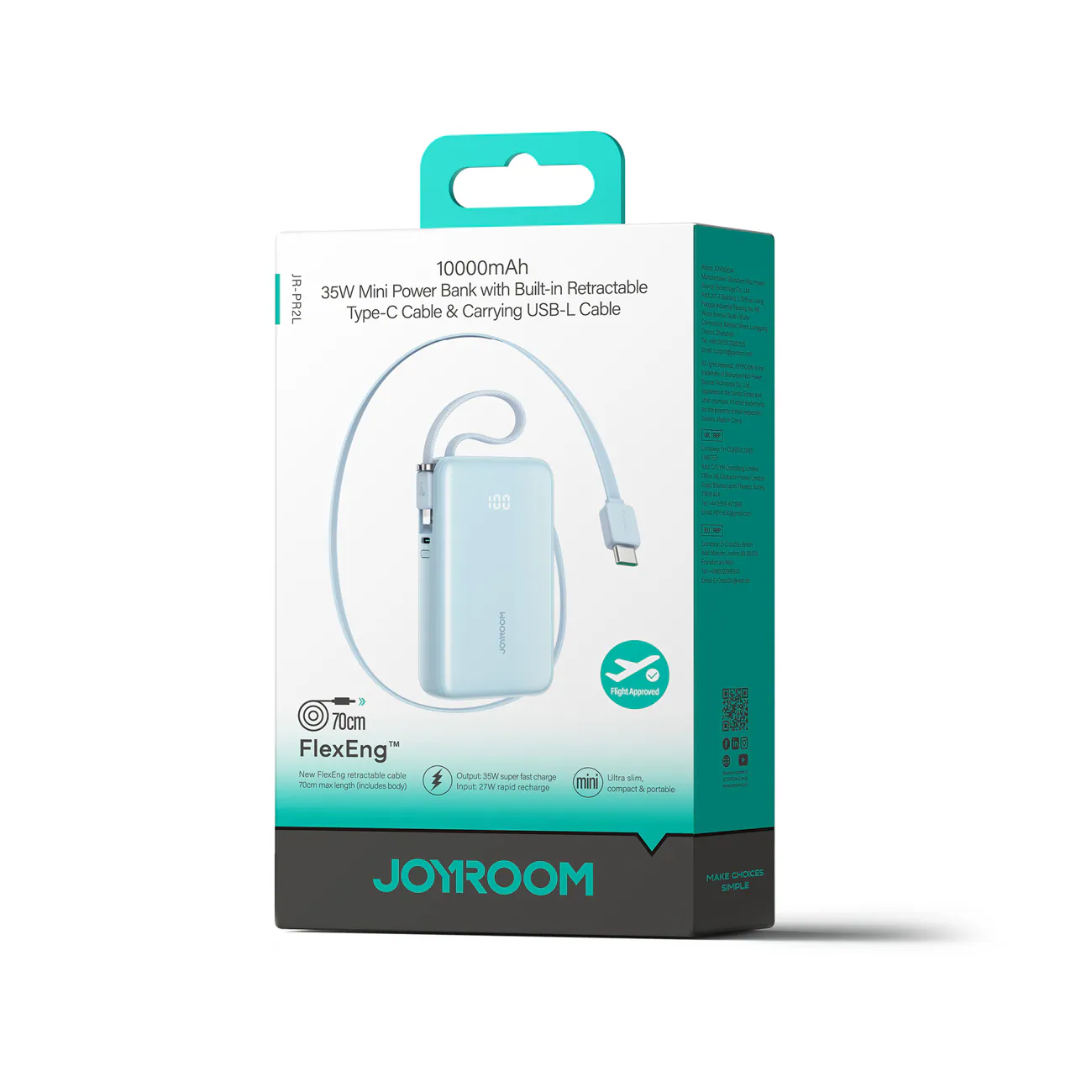 Joyroom JR-PR2L 10 000 mAh 35 W powerbank med utdragbar USB-C-kabel & Lightning-snodd – blå, bild 2