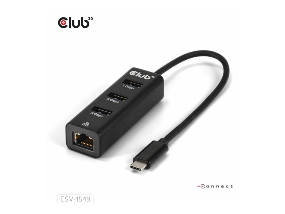 Club 3D CSV-1549 - Nav - USB typ C - 3 x USB 3.2 Gen1 + 1 x 10/100/1000 - stationär