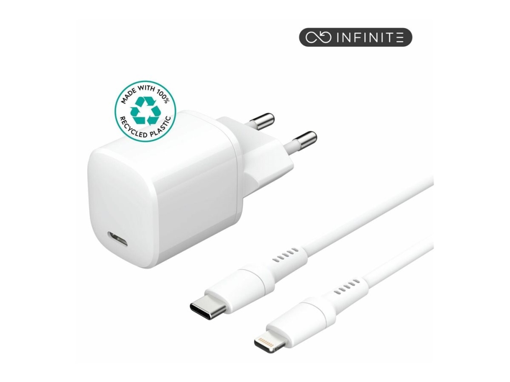 eSTUFF INFINITE - Strömadapter - EU-kontakt, USB-C till liggande kabel, 1,5 m - 20 Watt - 3 A - PD, Apple Fast Charge, QC 3.0 (24 pin USB-C) - vit