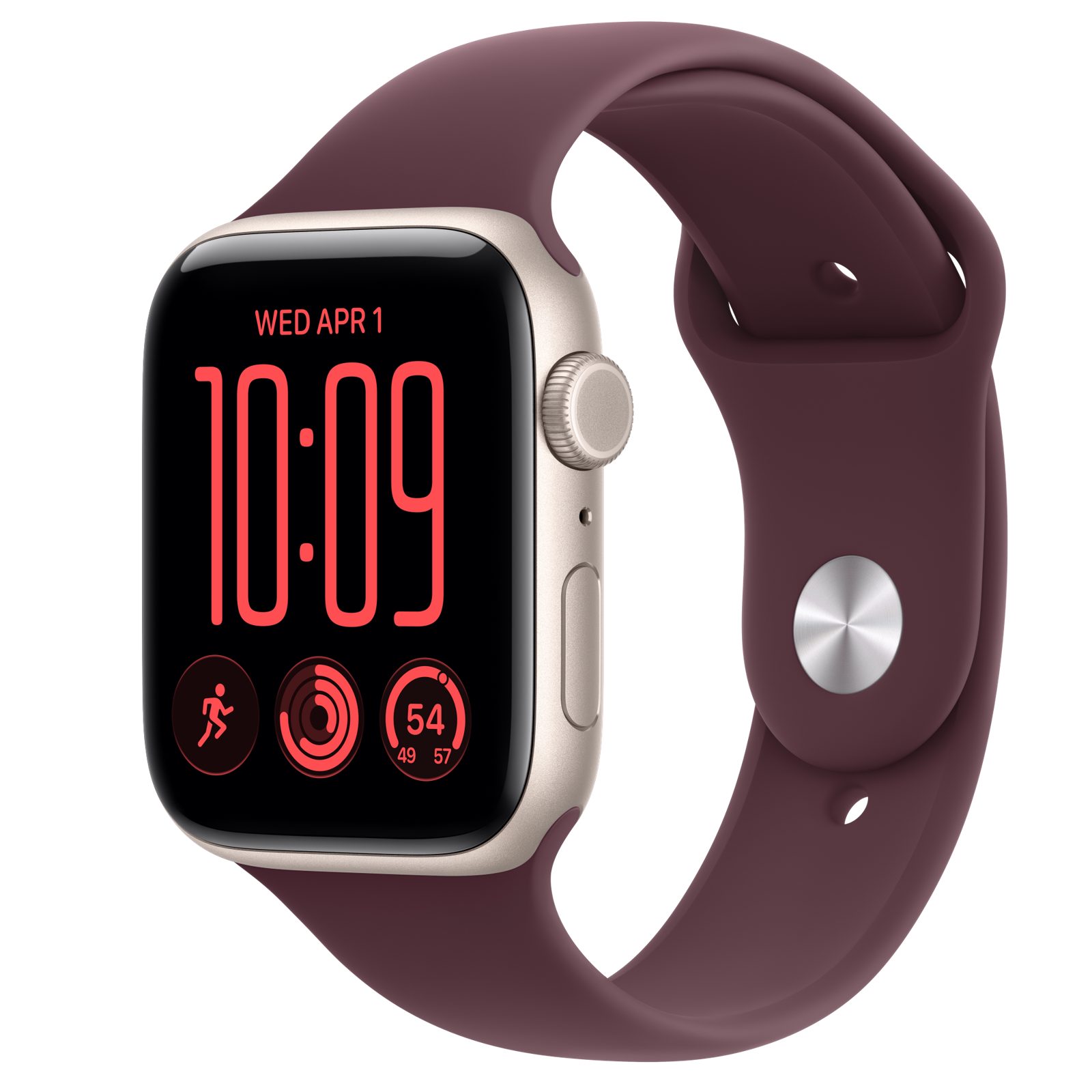 Apple Watch SE 3 (GPS + Cellular) • Aluminiumboett stjärnglans, 44 mm • Sportband bourgogne
