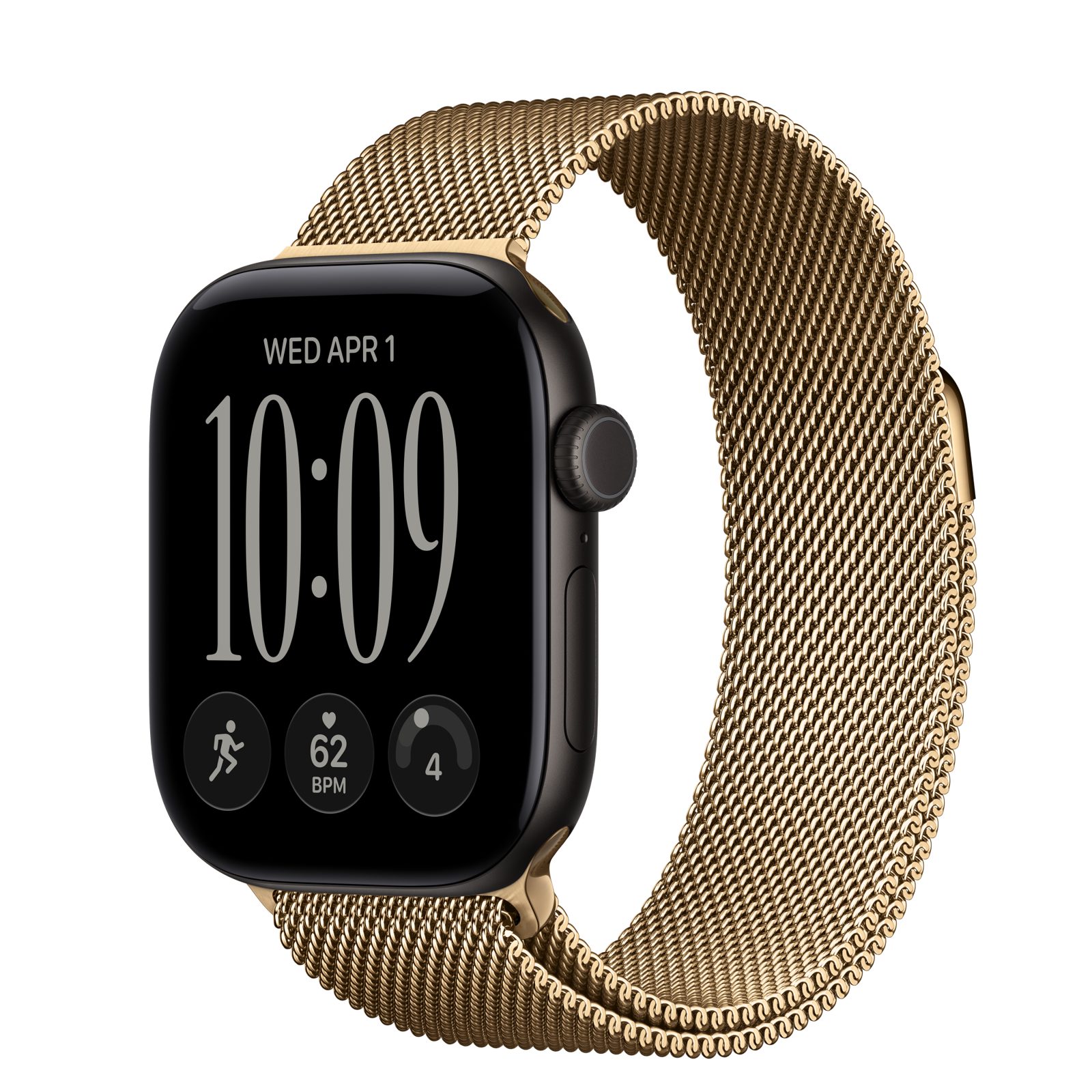 Apple Watch Series 12 (GPS + Cellular) • Aluminiumboett svart, 42 mm • Milanesisk loop skinande guld