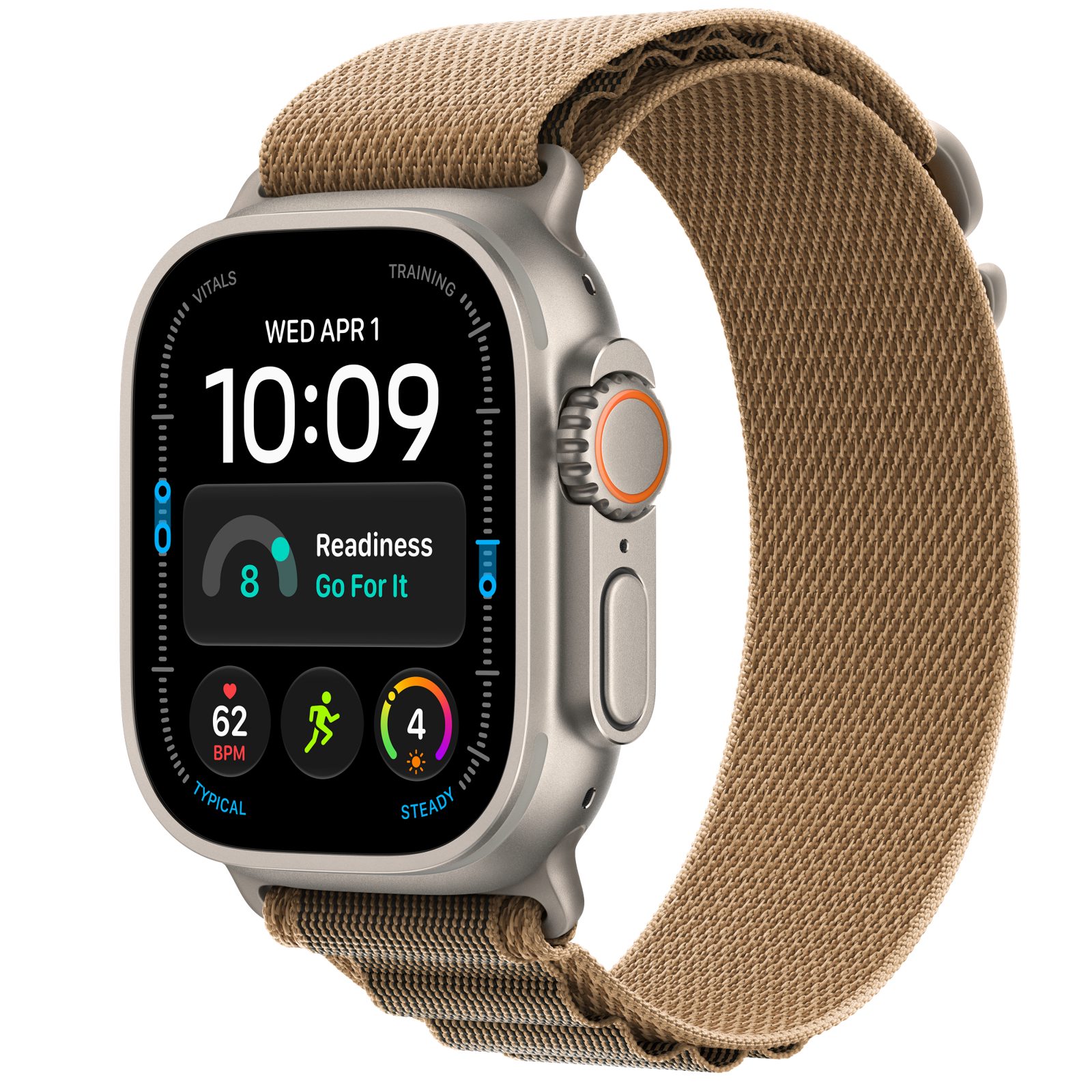 Apple Watch Ultra 4 GPS + Cellular 49 mm naturligt titan, ökensand Bergsloop - S