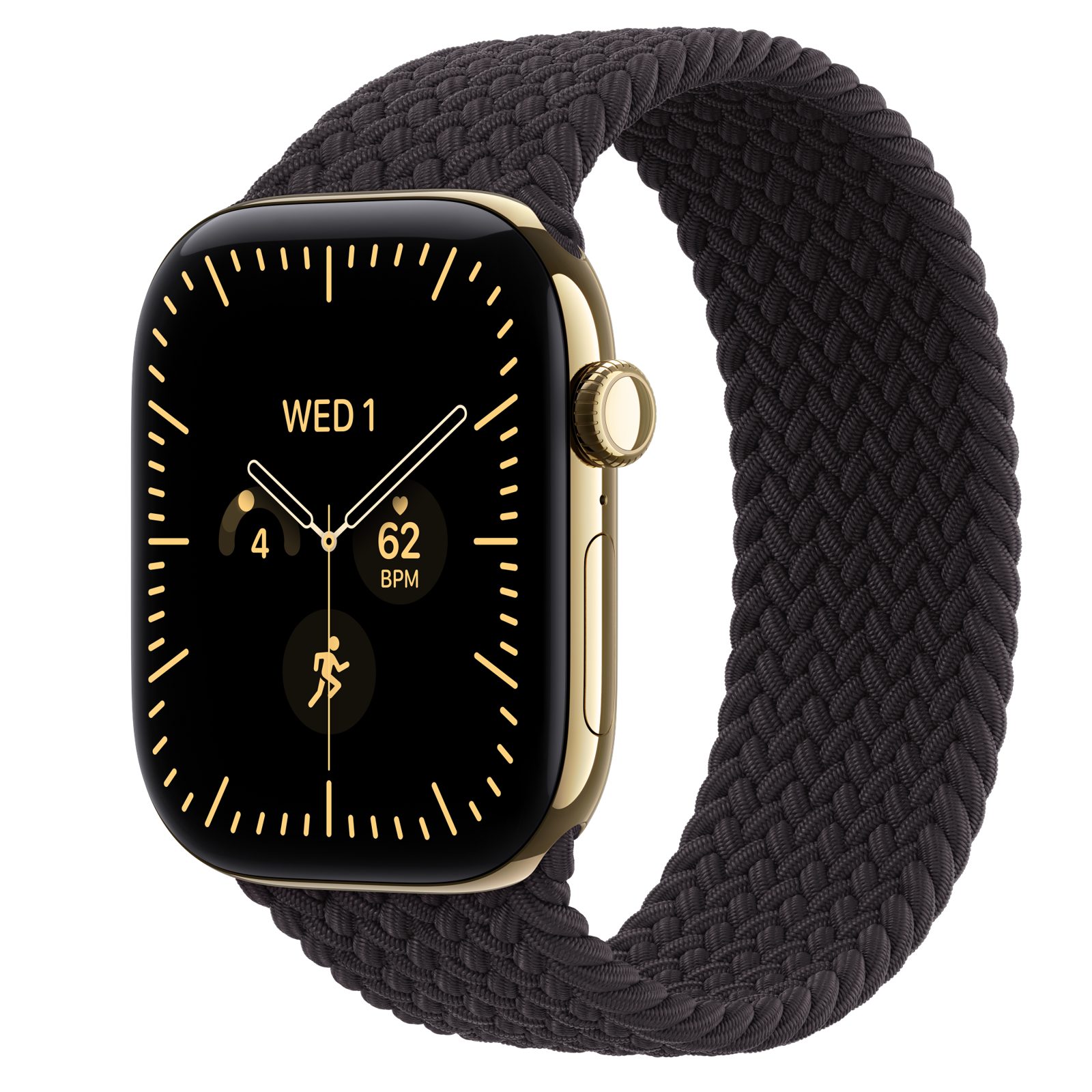 Apple Watch Series 12 (GPS + Cellular) • Titanboett skinande guld, 46 mm • Flätad sololoop svart