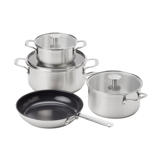 KitchenAid - Stainless Steel Cookware Set: Casserole with Lid (16cm, 20cm, 24cm) + Frypan (24cm) - Silver