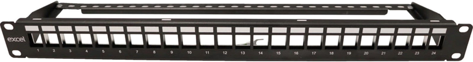 19" Patchpanel Excel, 24xRJ45, 1U, Keystone UTP/STP, kabelstöd, svart