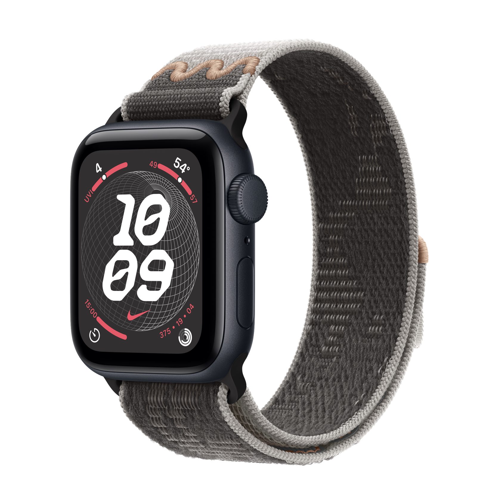 Apple Watch SE 3 (GPS) • Aluminiumboett midnatt, 40 mm • Nike-sportloop i Pavement Grey