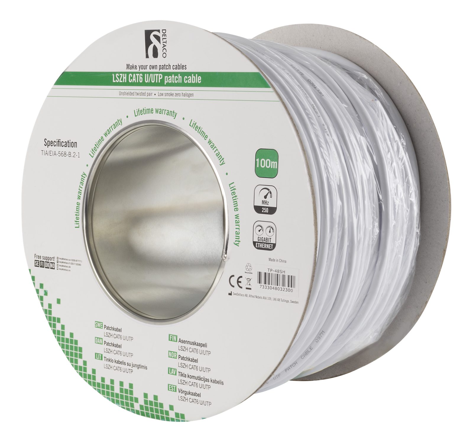 TP-kabel UTP, Cat.6, rulle 100 meter, LSZH, Deltaco - Vit, bild 3