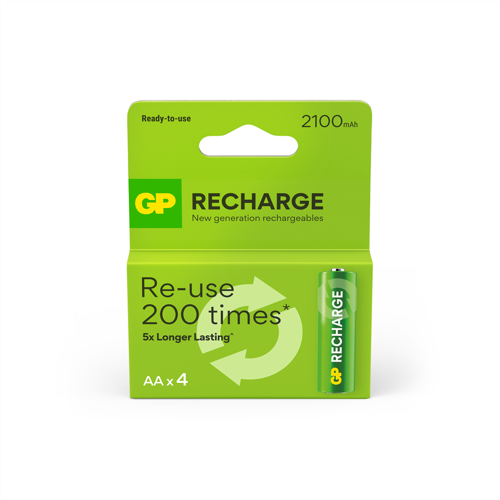 GP Recharge Rechargeable Battery, Size AA, 2100 mAh, 4-pack
