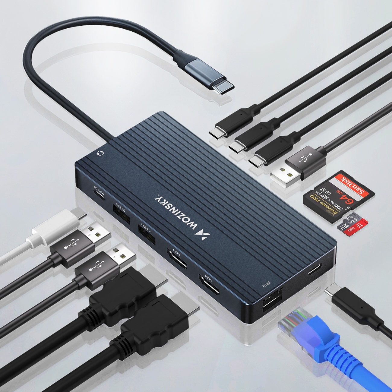 USB-C-hubb 14 i 1 Wozinsky WDS03Y5S – aluminium, 4K för tre skärmar, 100 W PD, 10 Gbps