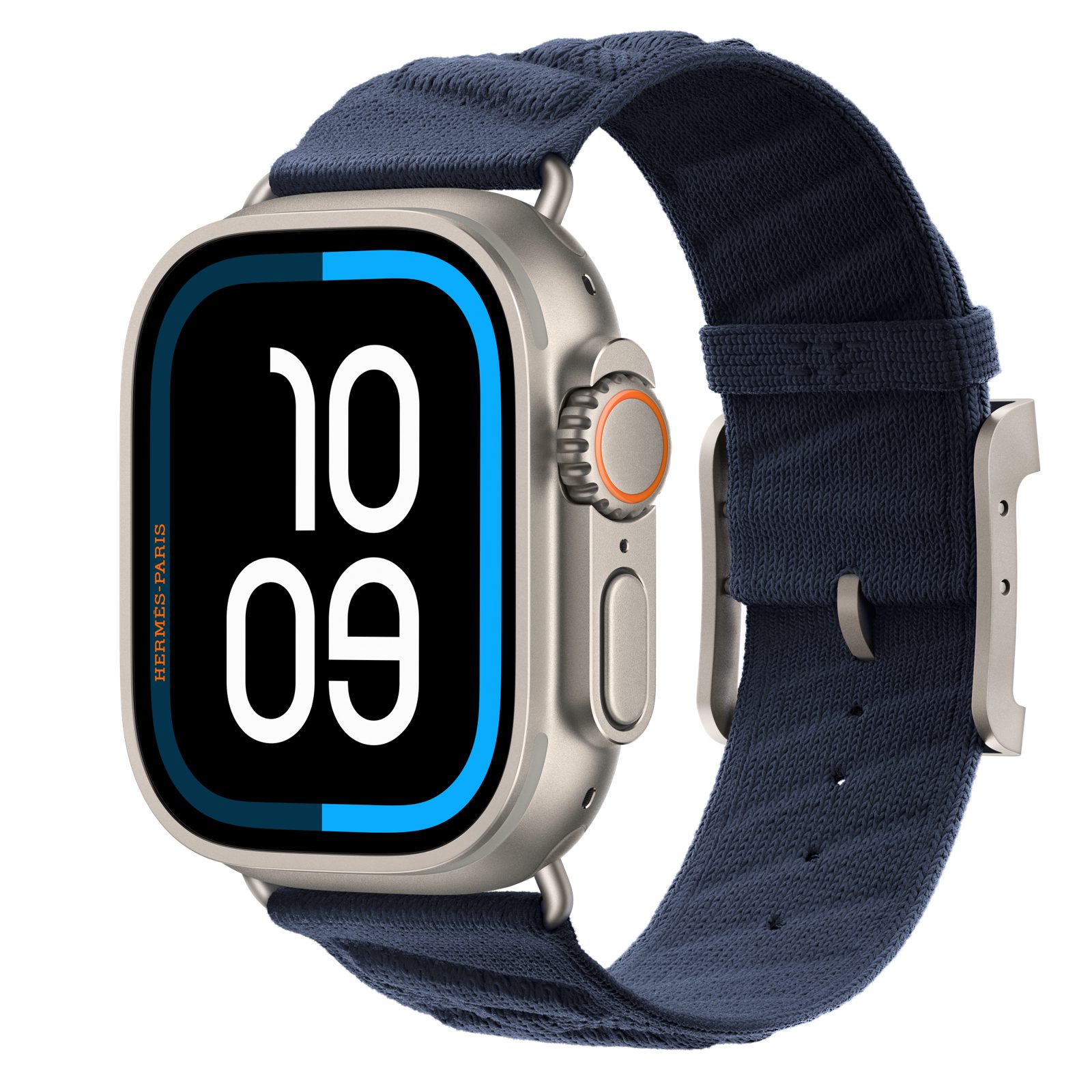 Apple Watch Hermès Ultra 4 (GPS + Cellular) • Titanboett naturlig, 49 mm • En Mer i Bleu Nuit