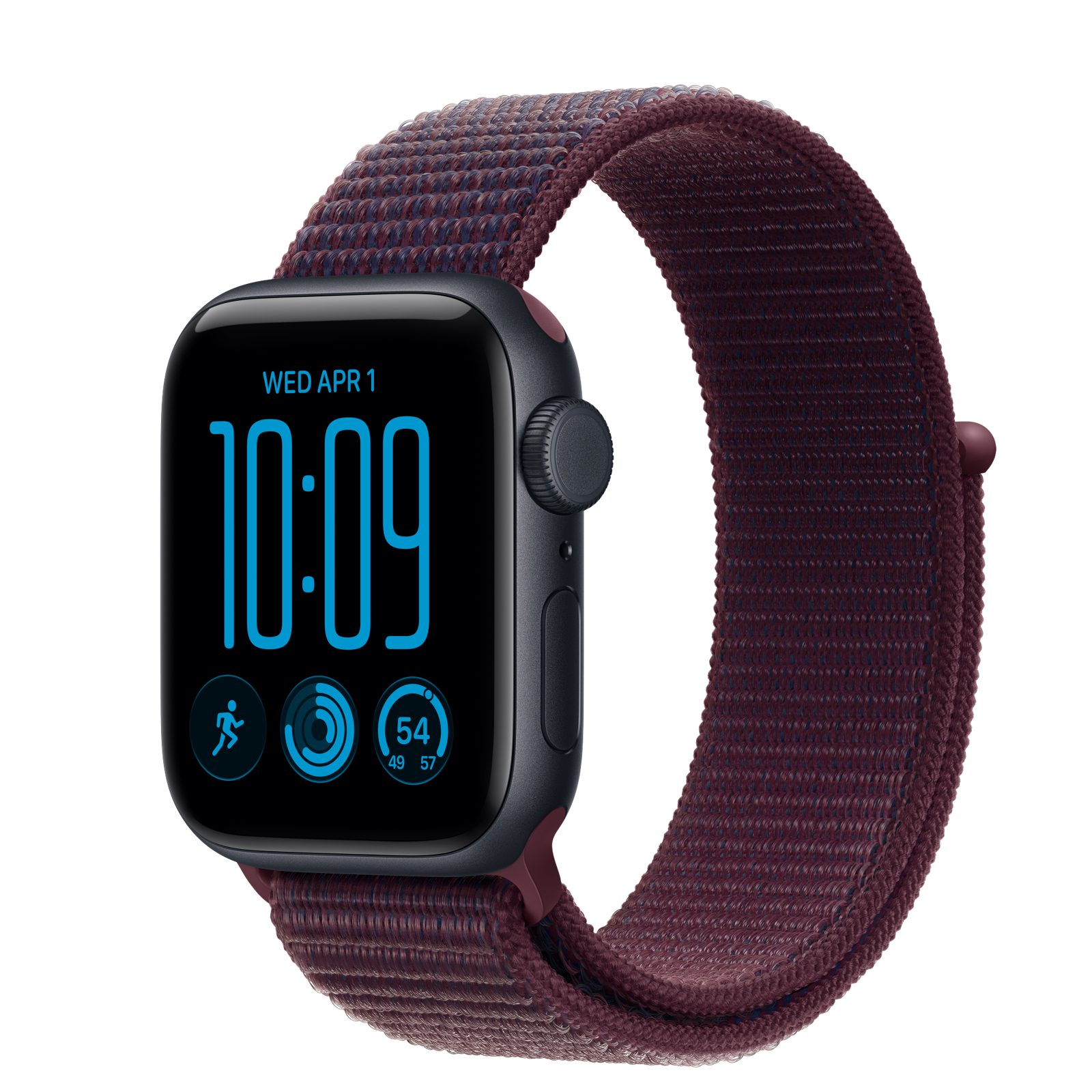Apple Watch SE 3 (GPS + Cellular) • Aluminiumboett midnatt, 40 mm • Sportloop bourgogne