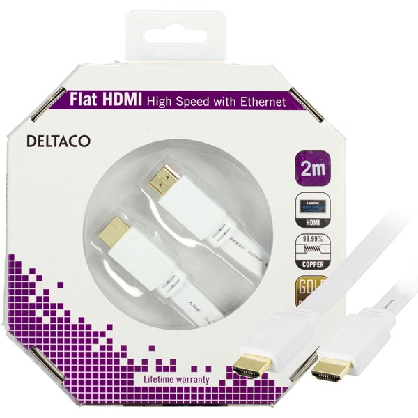 HDMI-kabel, 4K/3D, flat, 2 meter - Vit, bild 3
