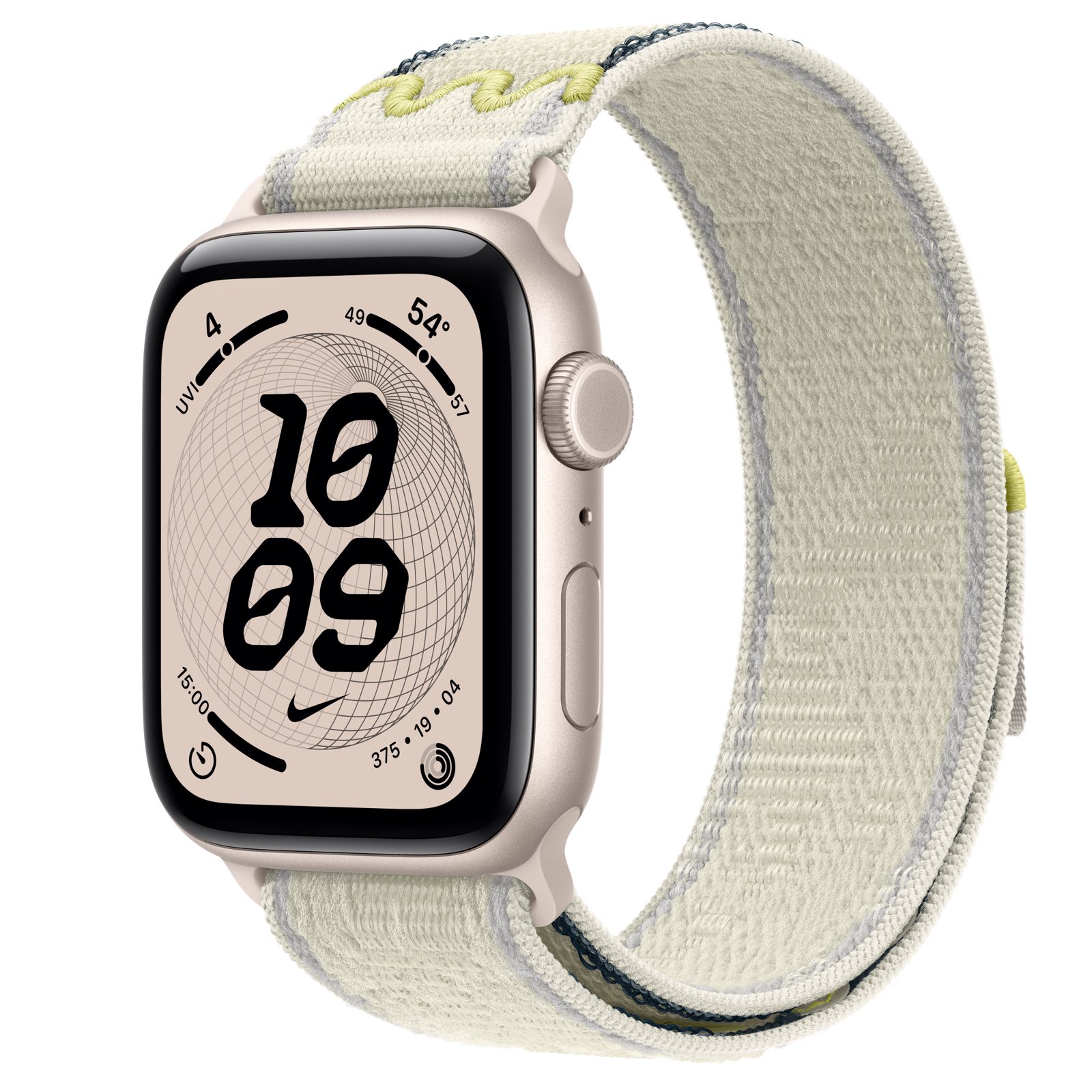 Apple Watch SE 3 (GPS + Cellular) • Aluminiumboett stjärnglans, 44 mm • Nike-sportloop i Chalk Calm
