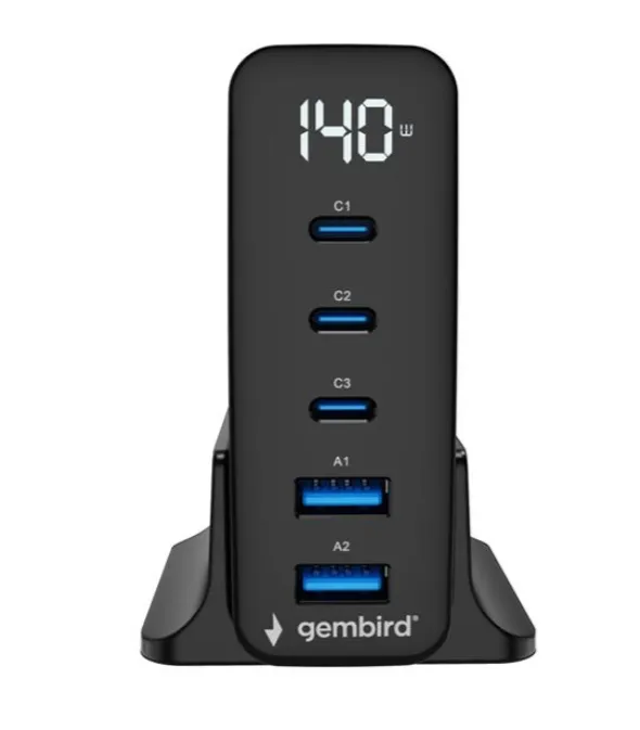 Gembird USB-laddare - 5-portars 140W GaN USB-snabbladdare, svart