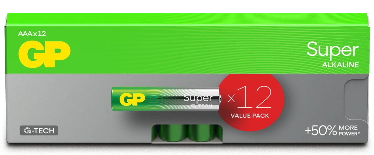 GP Super Alkaline Battery, Size AAA, 24A/LR03, 1.5V, 12-pack