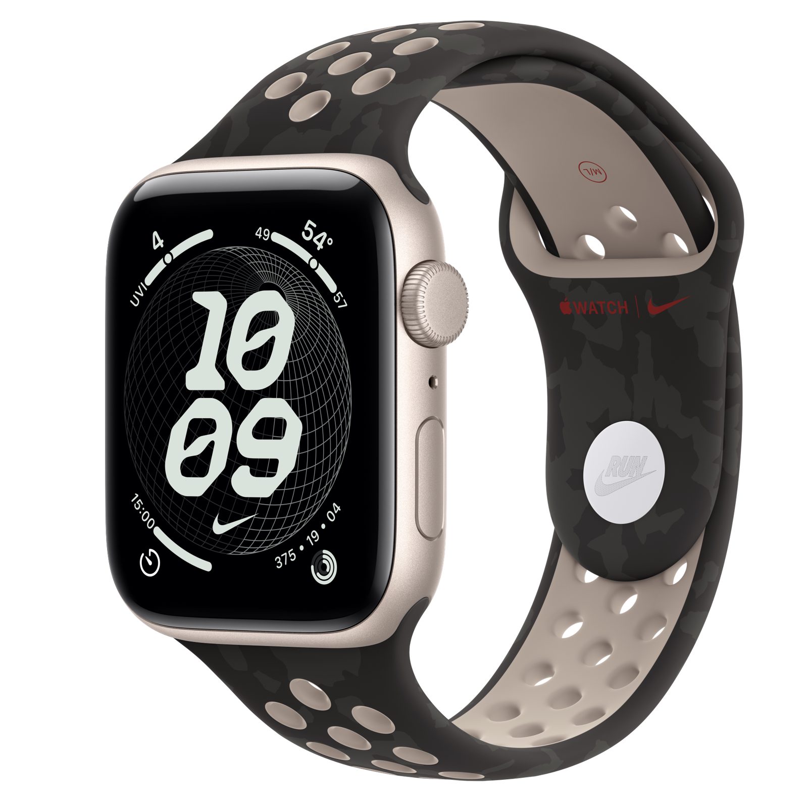 Apple Watch SE 3 (GPS) • Aluminiumboett stjärnglans, 44 mm • Nike-sportband i After Dark Black