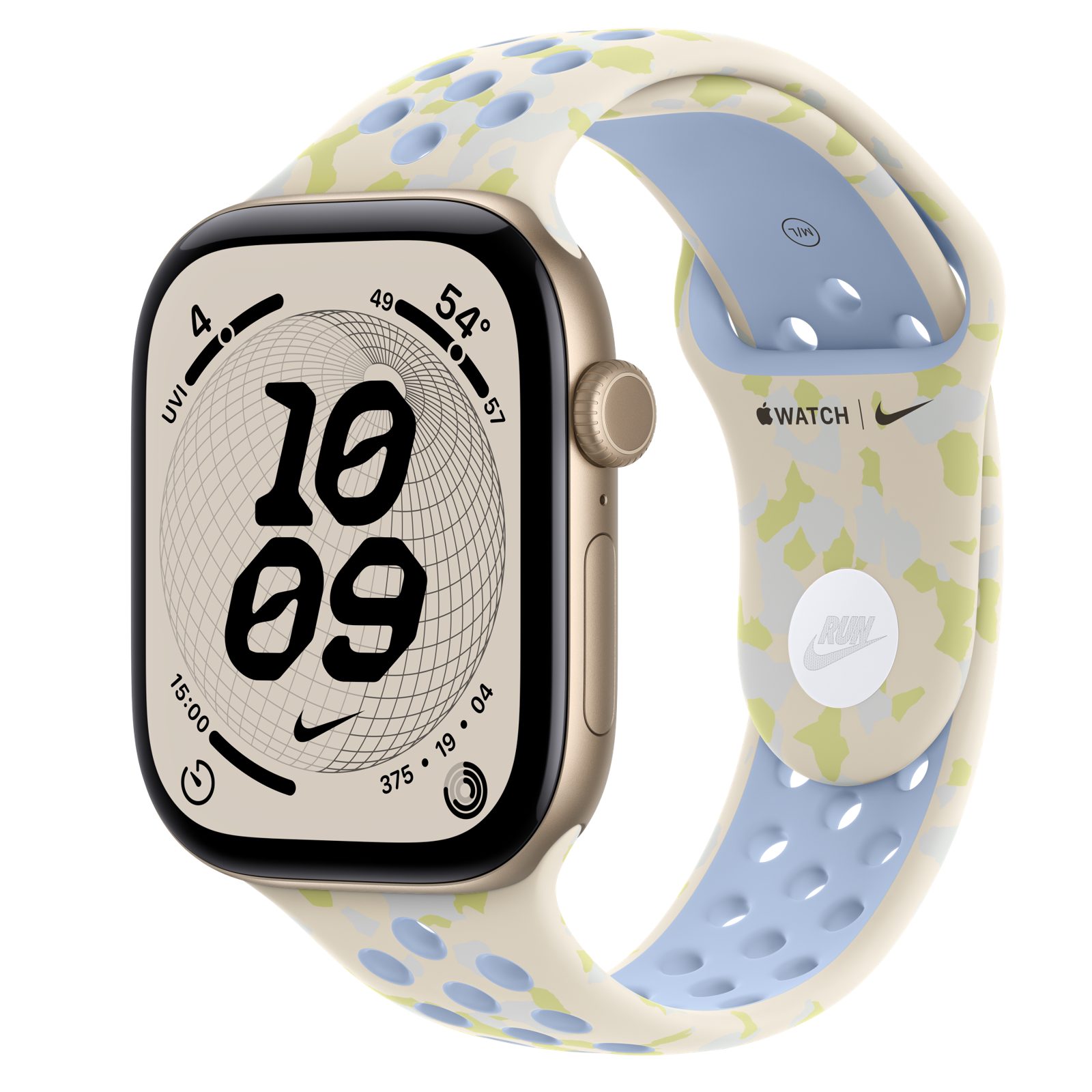 Apple Watch Series 12 (GPS + Cellular) • Aluminiumboett ljust guld, 46 mm • Nike-sportband i Chalk Calm