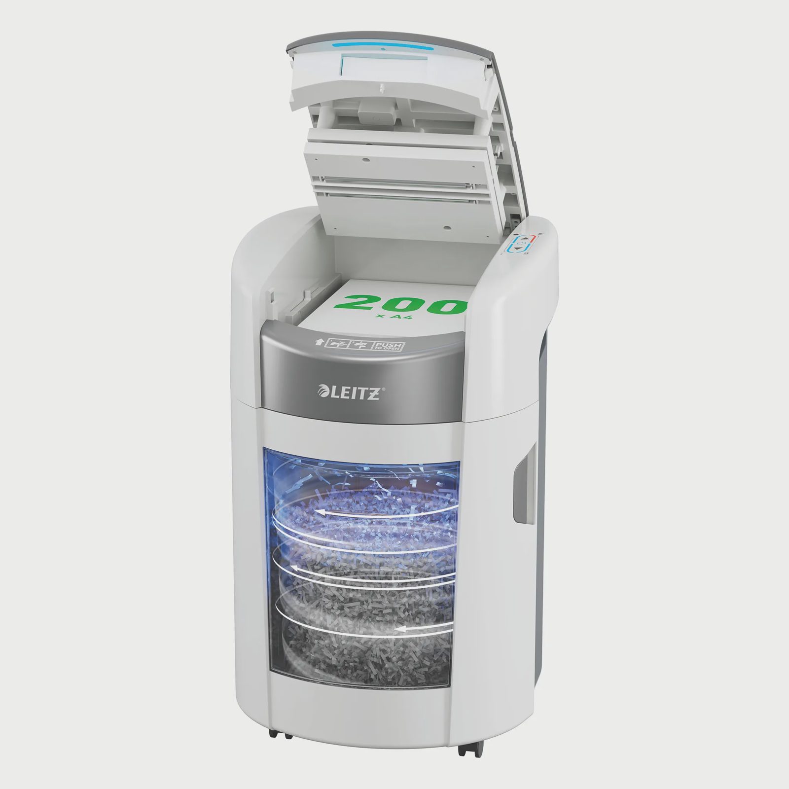 Leitz IQ OptiMax Autofeed Small Office 200 Dokumentförstörare P5 Micro Cut, Mikrostrimling, 22,5 cm, 2 x 5 mm, 21 l, 200 ark, 55 dB