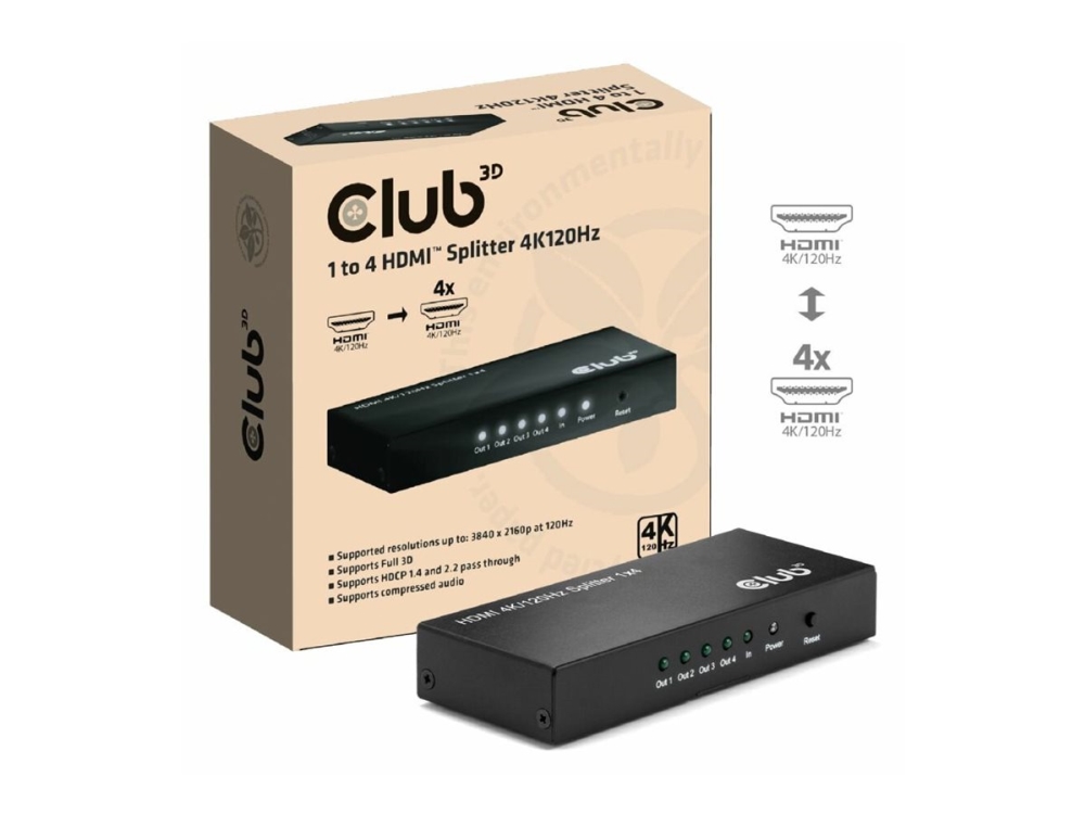 Club 3D CSV-1385 - Video/audiosplitter - 1-to-4, 4K120Hz - 4 x HDMI - skrivbordsmodell