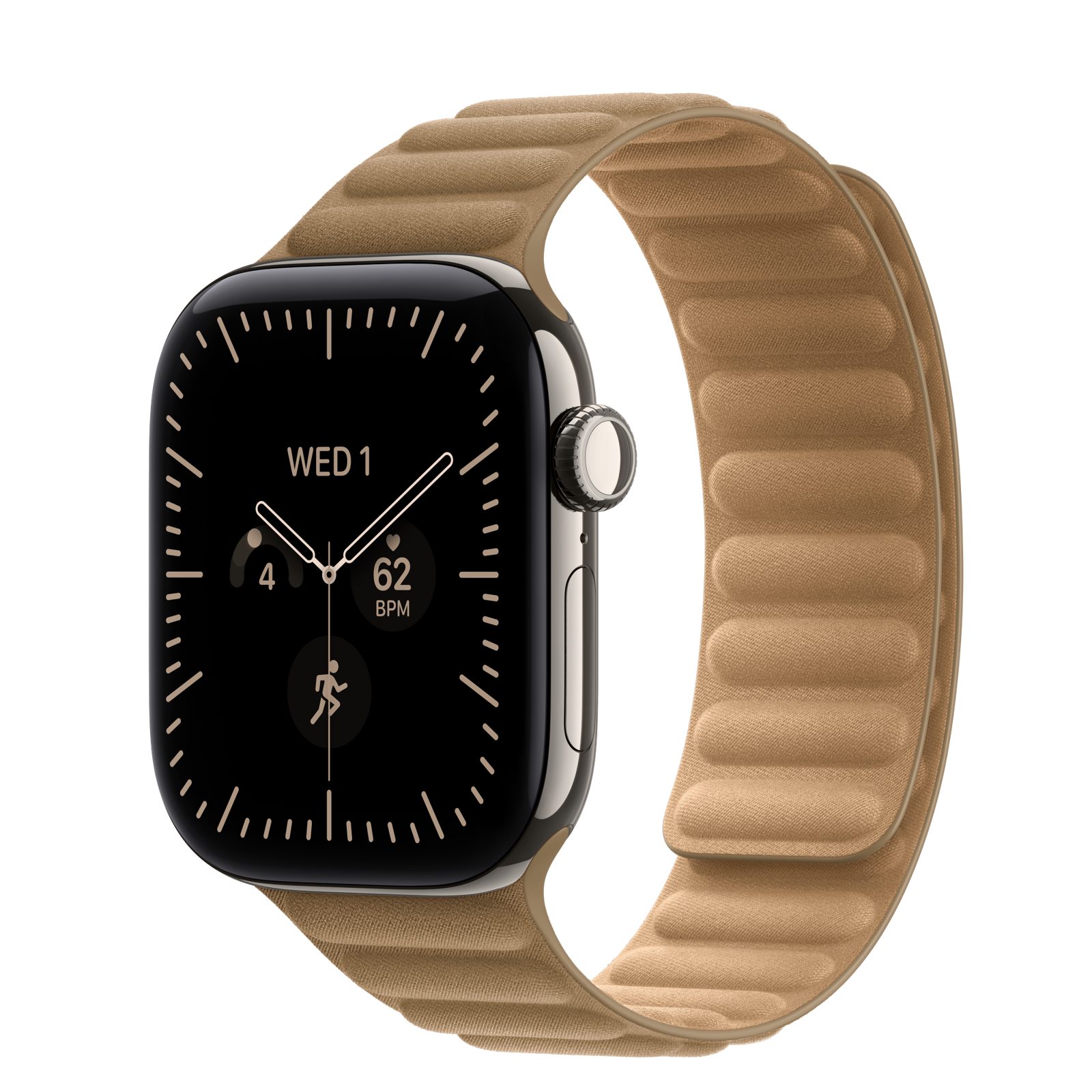 Apple Watch Series 12 (GPS + Cellular) • Titanboett naturlig, 42 mm • Magnetlänk kamelbrun