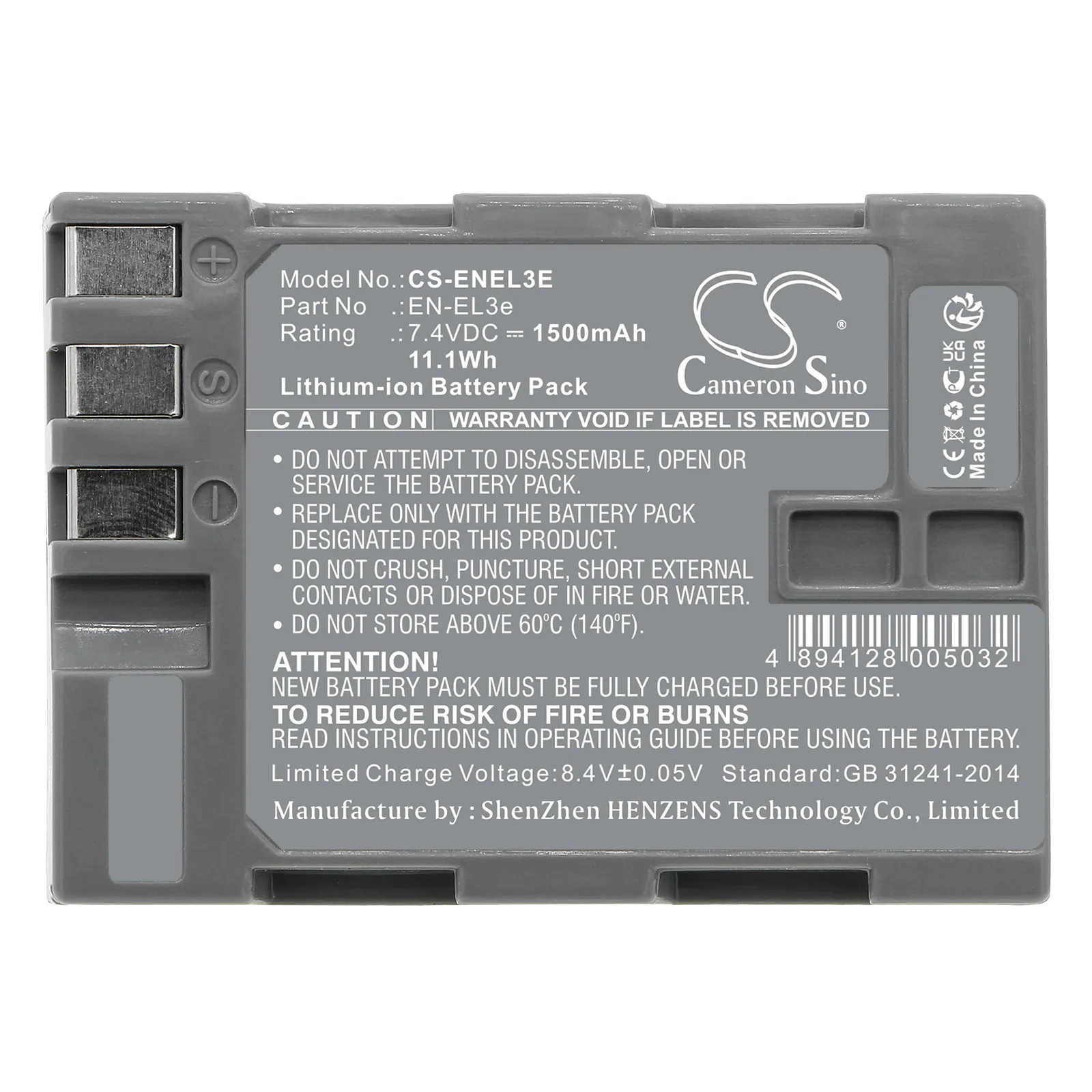 Cameron Sino uppladdningsbart batteri typ En-el3a / En-el3 / En-el3e för Nikon / Cs-enel3e, bild 5