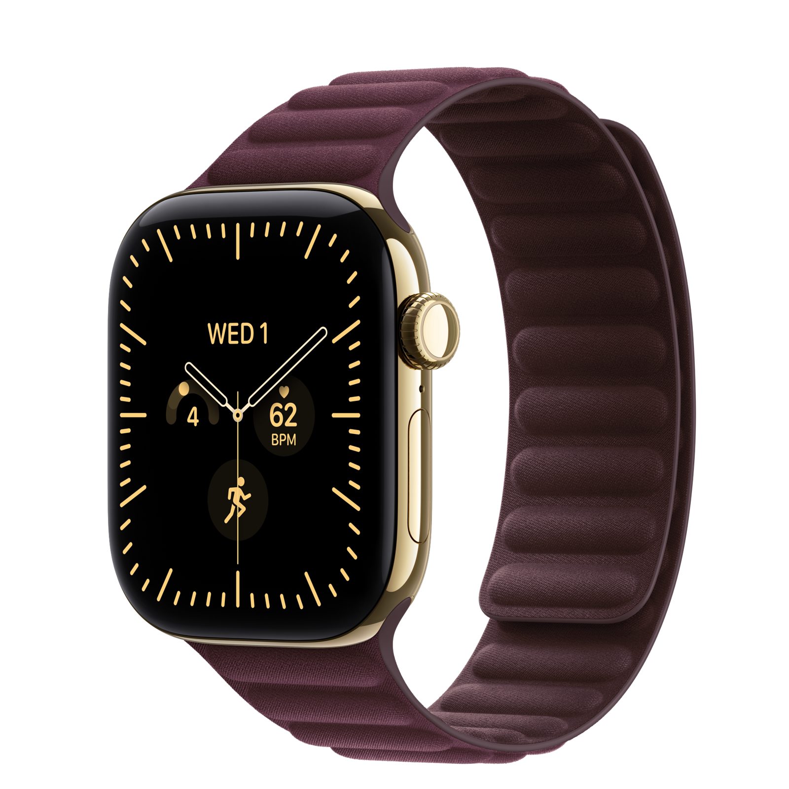 Apple Watch Series 12 (GPS + Cellular) • Titanboett skinande guld, 42 mm • Magnetlänk bourgogne
