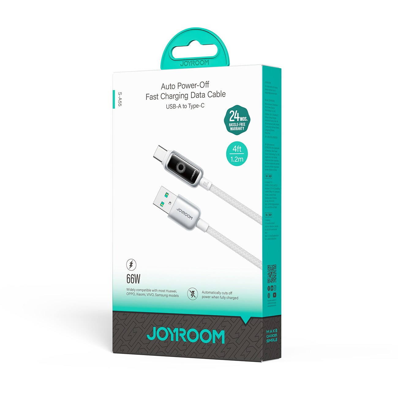 Joyroom USB-A till USB-C snabbladdningskabel 66W, 1,2m - Vit, bild 2