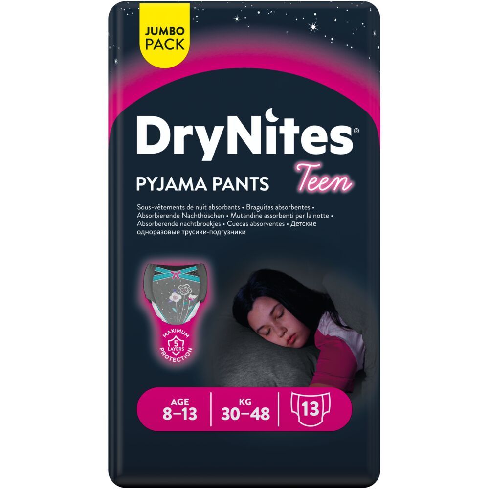 Babyblöja, byxblöja, DryNites pyjamasbyxor, 8-13 år, med tryck, flicka, 30-48 kg - (4 förpackningar x 13 st.)